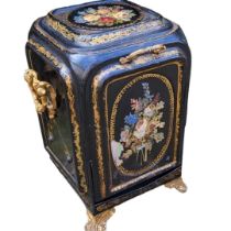 AN EARLY 19TH CENTURY REGENCY PERIOD TOLEWARE COAL SCUTTLE Top and front panel painted with a floral
