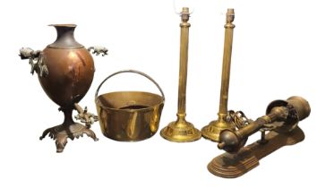 A COLLECTION OF VICTORIAN AND LATER BRASS AND COPPERWARE Comprising a copper samovar with ceramic