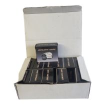 A BOX OF 12 JEWELLER LOUPE’S MAGNIFIER LENS (30mm x 21mm, dimensions of case w 16cm x d 12cm x h