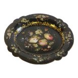 A 19TH CENTURY OVAL PAPIER-MACHÉ TRAY With other of pearl inlay and hand painted floral