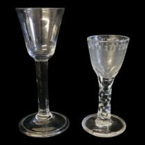 TWO 18TH CENTURY LIQUOR GLASSES Glass with cut design to stem and a glass of plain form. (approx