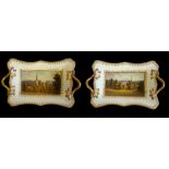 A PAIR OF SWANSEA PORCELAIN TWIN HANDLED LOW TAZZAS Top interior panels polychrome painted with an