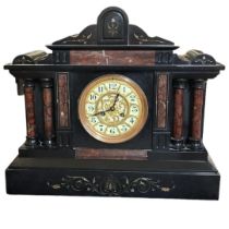 A 19TH BELGIAN BLACK AND ROUGE MARBLE CLOCK Architectural form, with white enamelled and gilt ormolu