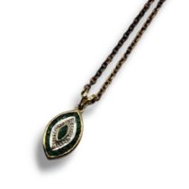 A VINTAGE 9CT GOLD, EMERALD AND DIAMOND PENDANT NECKLACE Lozenge form, the central oval cut
