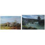 S.R. BENNETT, A 20TH CENTURY WELSH OIL ON BOARD Landscape, river scene with Roman bridge, bearing