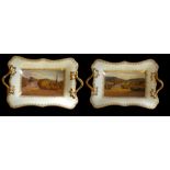A PAIR OF SWANSEA PORCELAIN TWIN HANDLED MEDIUM SIZED TAZZAS Both top interiors polychrome painted