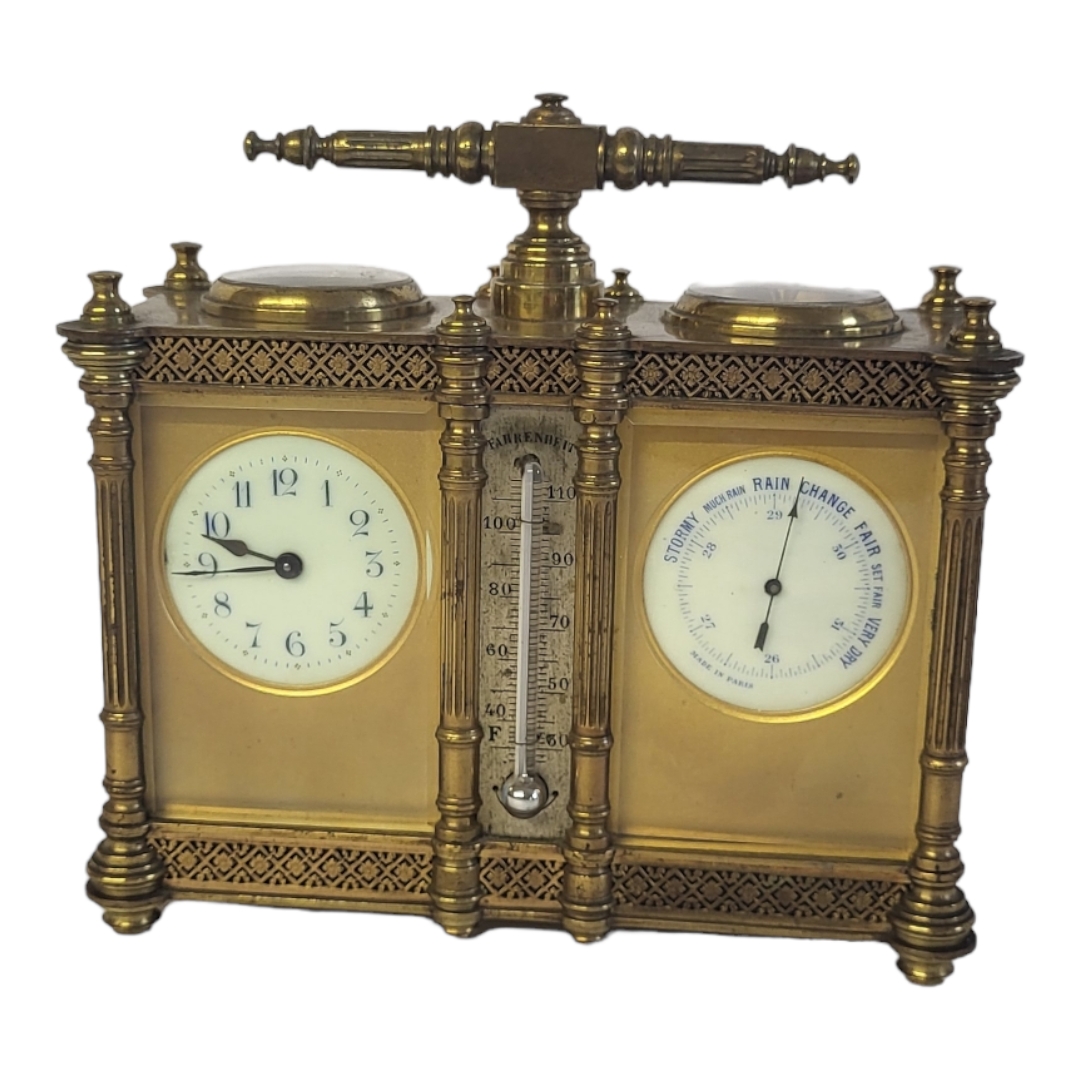 A LATE 19TH/EARLY 20TH CENTURY FRENCH GILT BRASS CARRIAGE CLOCK, BAROMETER, THERMOMETER AND