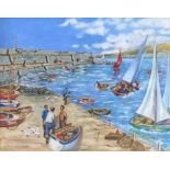 A MID 20TH CENTURY BRITISH SCHOOL ACRYLIC ON CANVAS LAID TO BOARD, BUSY FISHING HARBOUR, SAILING