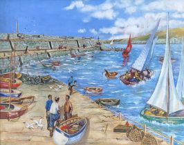 A MID 20TH CENTURY BRITISH SCHOOL ACRYLIC ON CANVAS LAID TO BOARD, BUSY FISHING HARBOUR, SAILING
