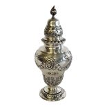 A VICTORIAN SILVER SUGAR SIFTER/CASTOR Having a pierced dome lid with gadrooned border and