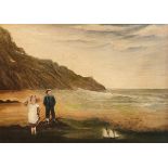 A VICTORIAN OIL ON CANVAS, COASTAL VIEW Children dressed in period attire with pond yacht, in