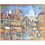 A 1970’S BRITISH SCHOOL OIL ON BOARD View of Montmartre of Paris, busy restaurant/bistro/cafe,