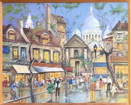 A 1970’S BRITISH SCHOOL OIL ON BOARD View of Montmartre of Paris, busy restaurant/bistro/cafe,