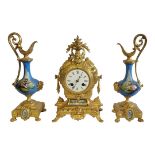 A 19TH CENTURY FRENCH GILT BRONZE AND PORCELAIN MANTLE CLOCK Having a floral bouquet with