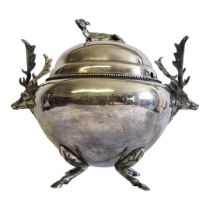 A LARGE VICTORIAN SILVER PLATED FIGURAL SOUP TUREEN Having a recumbent fawn to finial,deer mask