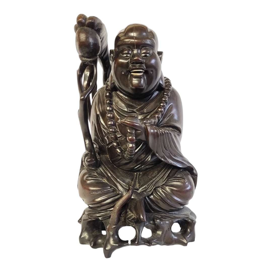 A LATE 19TH CENTURY JAPANESE MEIJI PERIOD ROOT CARVING OF HAPPY BUDDHA HOTEI Ornately carved,