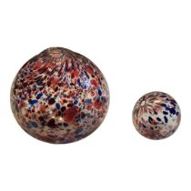 TWO VINTAGE COLOURED GLASS WITCHES BALLS,blue and red multicolored glass with aperture to top. (
