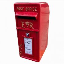 A 20TH CENTURY CAST IRON RED POST BOX With embossed Elizabeth II insignia. (w 23cm x d 34cmx h 56cm)