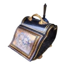 A MID VICTORIAN TOLEWARE COAL SCUTTLE, CIRCA 1870 Top cover painted with a bouquet of flowering