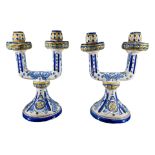 A LARGE PAIR OF ITALIAN MAJOLICA STYLE TWO BRANCH CANDELABRAS Having drill holes for lamps. (h 32.