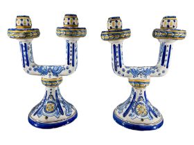 A LARGE PAIR OF ITALIAN MAJOLICA STYLE TWO BRANCH CANDELABRAS Having drill holes for lamps. (h 32.