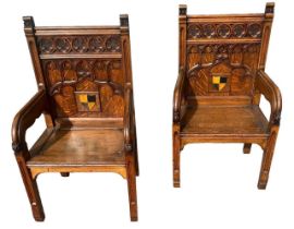 MANNER OF AUGUSTUS WELBY NORTHMORE PUGIN, A PAIR OF 19TH CENTURY GOTHIC REVIVAL CARVED OAK LIBRARY