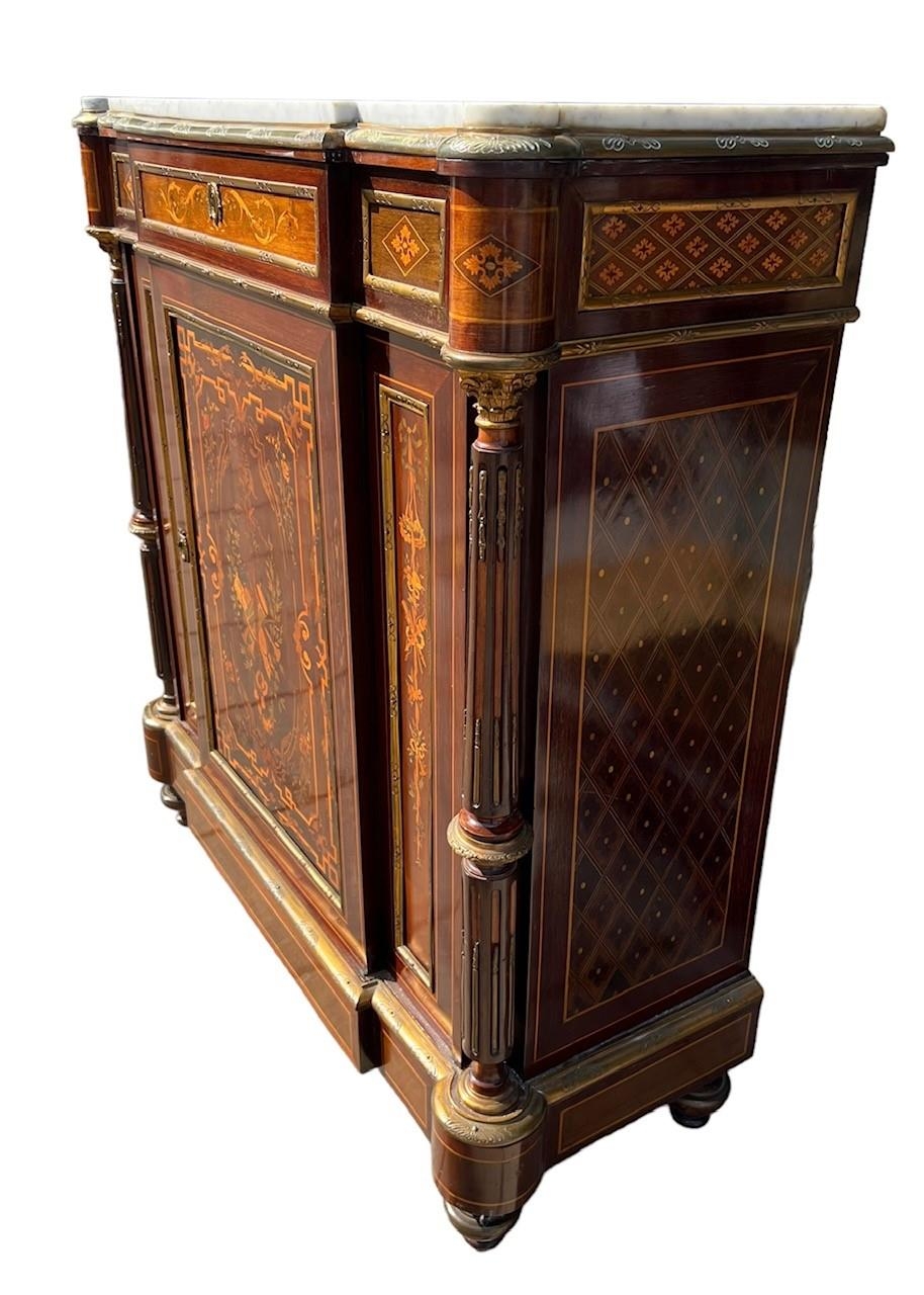 A 19TH CENTURY FRENCH LOUIS XVI DESIGN GILT METAL MOUNTED AND MARQUETRY PIER CABINET Marble top with - Image 3 of 4