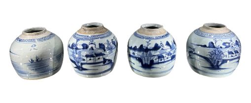 FOUR 19TH CENTURY CHINESE GINGER JARS DEPICTING BLUE LAKESIDE SCENES. (h 15cm)