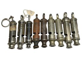 COLLECTION OF NINE WHISTLES INCLUDING J. HUDSON & CO BIRMINGHAM, ‘THE METROPOLITAN’, ‘THE CITY’