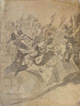 AN 18TH CENTURY CONTINENTAL PEN AND WASH DRAWING Study Vandals sacking Rome with soldiers on bridge,