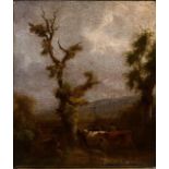 A 17TH CENTURY DUTCH OIL ON PANEL, MOUNTAIN LANDSCAPE Cattle and drover on a wooded path, held in