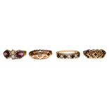 A COLLECTION OF FOUR 9CT GOLD EDWARDIAN AND LATER RINGS, ALL COMPRISING SPINEL & GLASS. UK ring