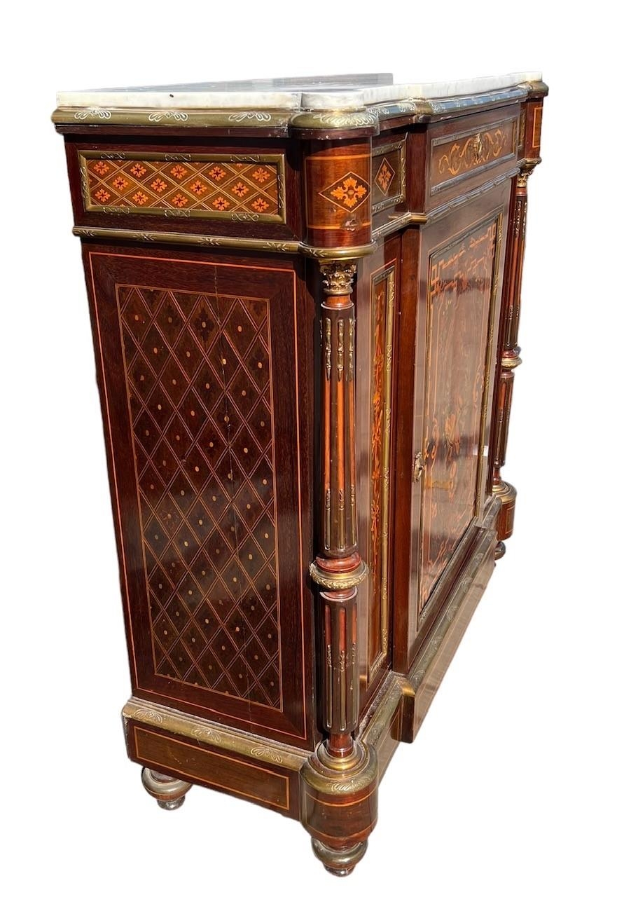 A 19TH CENTURY FRENCH LOUIS XVI DESIGN GILT METAL MOUNTED AND MARQUETRY PIER CABINET Marble top with - Image 2 of 4