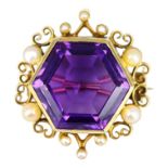 A LARGE VICTORIAN HEXAGONAL GOLD, AMETHYST AND PEARL BROOCH, GOLD ESTED AS 15CT GOLD Having