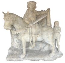A LARGE RARE EARLY 16TH CENTURY FRENCH CARVED LIMESTONE GROUP, CIRCA 1500 St. Martin on horseback