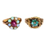 A VICTORIAN 9CT GOLD, GARNET & OPAL RING. TOGETHER WITH A VICTORIAN YELLOW METAL, TURQUOISE & SEED