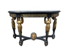 A 19TH CENTURY NEOCLASSICAL DESIGN EBONISED AND GILT METAL MOUNTED CONSOLE TABLE The white marble