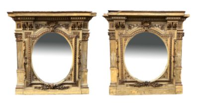 TWO LARGE AND IMPRESSIVE EARLY 19TH CENTURY ENGLISH CARVED GILTWOOD AND GESSO OVERMANTLE MIRRORS The