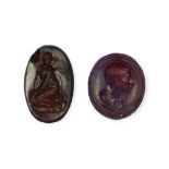 TWO 18TH/19TH CENTURY GLASS INTAGLIOS DEPICTING ROMAN EMPEROR AUGUSTUS AND PSYCHE. (portrait of