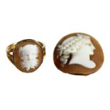 A 19TH CENTURY YELLOW METAL, CARVED CAMEO RING DEPICTING A BEARDED MAN WITH ANIMAL EARS, POSSIBLY