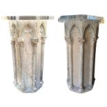 A PAIR OF 16TH CENTURY OCTAGONAL CARVED LIMESTONE COLUMNS Each with eight Gothic-arched niches,