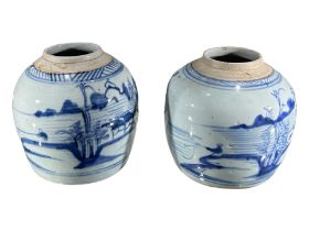 A PAIR OF 19TH CENTURY CHINESE PORCELAIN GINGER JARS DEPICTING LAKESIDE SCENES. (h 15cm)