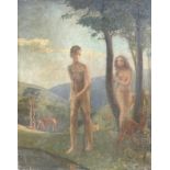 A LARGE EARLY 20TH CENTURY IMPRESSIONIST OIL ON CANVAS, ADAM AND EVE IN A MOUNTAIN LANDSCAPE WITH