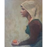 A 20TH CENTURY BRITISH OIL ON CANVAS, PORTRAIT OF A YOUNG LADY HOLDING AN ORANGE Indistinctly signed