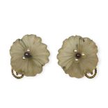 A PAIR OF 1950’S AUSTRIAN 14CT WHITE AND YELLOW GOLD, PEARL, ROCK CRYSTAL FLORAL EARRINGS Having