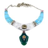 A LARGE VINTAGE SILVER AND MULTI GEMSTONE NECKLACE Having green chalcedony bottom and mounted oval