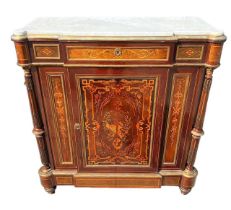 A 19TH CENTURY FRENCH LOUIS XVI DESIGN GILT METAL MOUNTED AND MARQUETRY PIER CABINET Marble top with