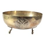 A LARGE 20TH CENTURY CYPRIOT .800 SILVER BOWL, RAISED ON THREE HOOF BALL FEET. Decorated with