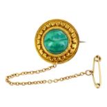 A VICTORIAN ETRUSCAN REVIVAL YELLOW METAL AND MALACHITE BROOCH (YELLOW METAL TESTED AS 18CT GOLD)