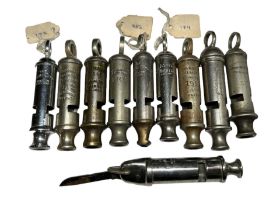 COLLECTION OF TEN WHISTLES Including Dowler & Sons, two J. Hudson & Co., 13 Barr Street, Birmingham,